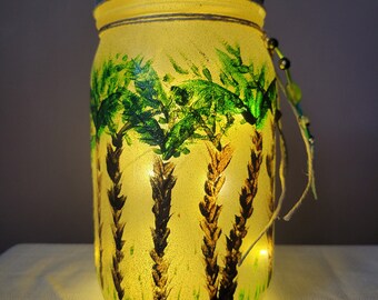 Solar Lit Rustic Palm Tree Mason Jar Lantern