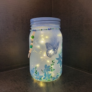 Blue Butterfly Garden Mason Jar Lamp