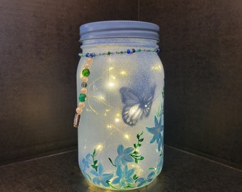 Blue Butterfly Garden Mason Jar Lamp