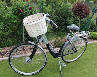 Cesta de bicicleta XXL para perro con rejilla y cojín, hecha a mano en mimbre blanco. Cesta para bicicleta, cesta de transporte, cesta para manillar y cesta para la compra.