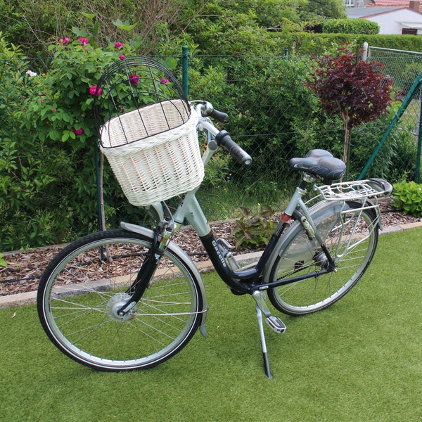 Panier de vélo pour chien XXL avec grille et coussin, fabriqué à la main en saule blanc, panier de vélo, panier de transport, panier de guidon, panier de courses