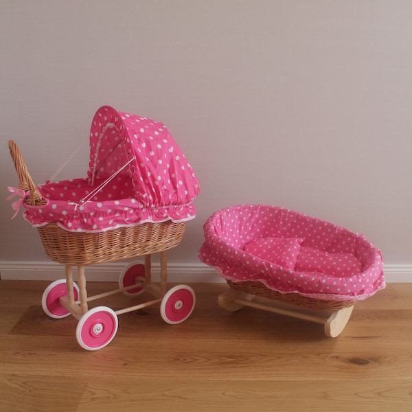 Puppenwagen aus Weide mit Kissen und Decke plus Puppenwiege mit Kissen und Decke Weidenkorb Holzspielzeug  Kinderspielzeug