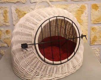 Cat transport basket or cat sleeping cave made of wicker with cushions and metal mesh wicker basket transport basket cat white