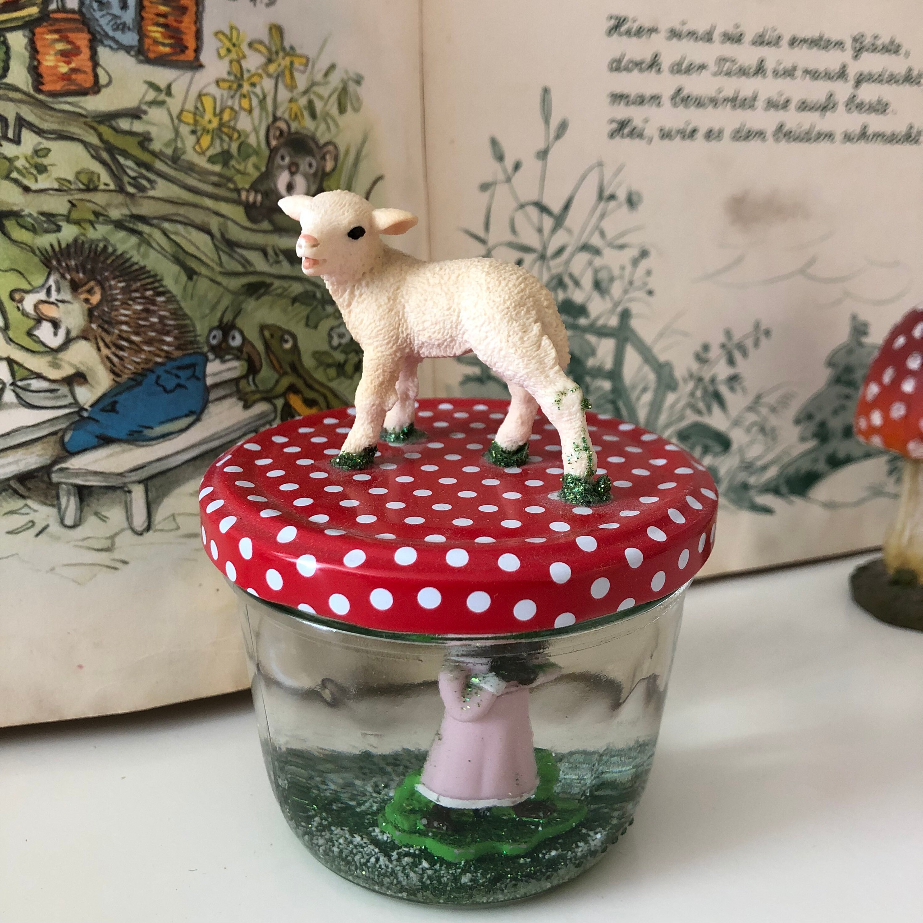 Snow globe, Little Red Riding Hood, wolf, lamb, sheep, lucky charm, snow, glitter ball, snow globe, gift, Easter, Easter gift