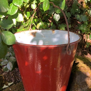 Könnte beinhalten: Ein roter Emailleimer mit weißem Innenraum und einem Metallgriff. Der Eimer steht auf einem moosbewachsenen Stein.