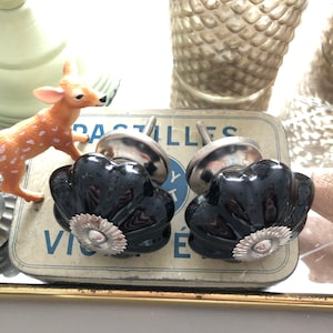Könnte beinhalten: Zwei schwarze Keramik-Schrankknöpfe mit silbernen Akzenten. Die Knöpfe haben ein blumenartiges Design und sind an silbernen Schrauben befestigt.