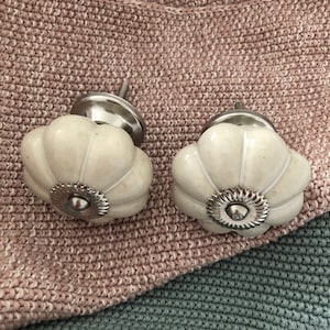 Könnte beinhalten: Zwei cremefarbene Keramik-Schrankknöpfe mit blütenförmigem Design und silberfarbener Metallbeschlägen. Die Knöpfe sind vor einem strukturierten rosa-grünen Stoffhintergrund platziert.