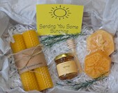 Honey Bee Gift Box, Natural Loofah Scented with Honey Oil, Spa Gift Set with Two Natural Rolled Candles and a jar of Honey, Christmas box