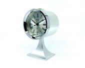 Space Age Rhythm Alarm Clock, Rhythm Matt Silver Coloured Body Mantel Clock, Space Age Design.