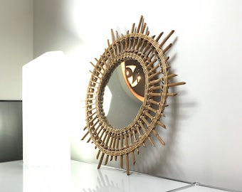 70’s Boho Style Wall Mirror, Bathroom or Entryway Mirror, Rattan Mirror.