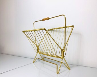 60s Danish Modern Magazine Stand, Home Decor, Mid Century Aluminum Magazine Stand, Gold Finish.