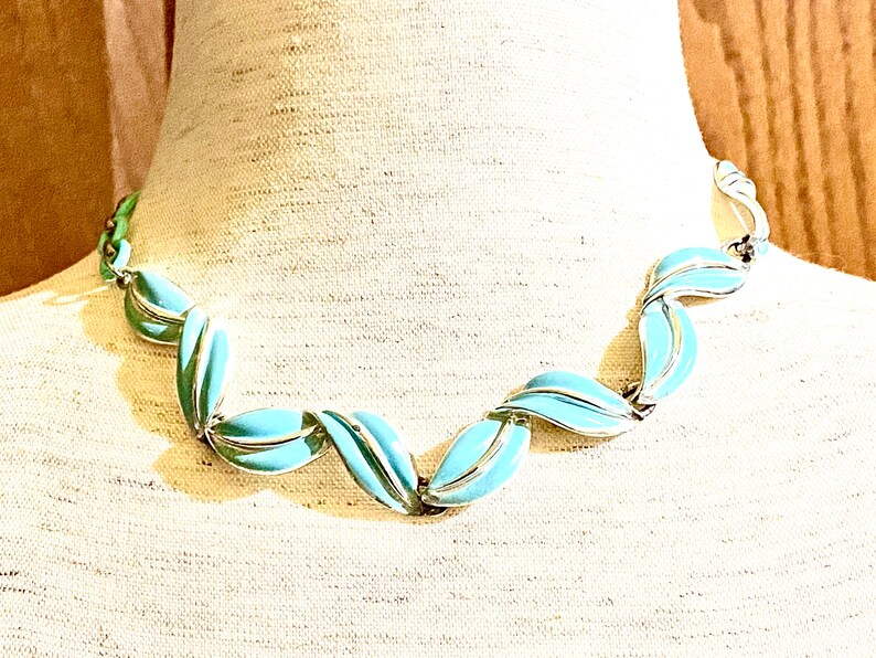 Coro 1950\u2019s vintage mid-century jewelry set Coro choker necklace turquoise blue and silver necklace and matching clip-on earrings