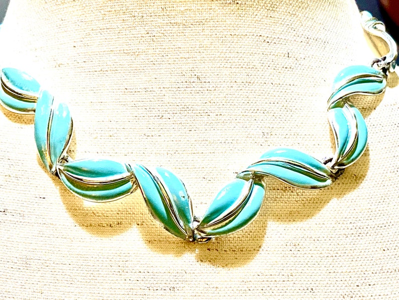 Coro 1950\u2019s vintage mid-century jewelry set Coro choker necklace turquoise blue and silver necklace and matching clip-on earrings