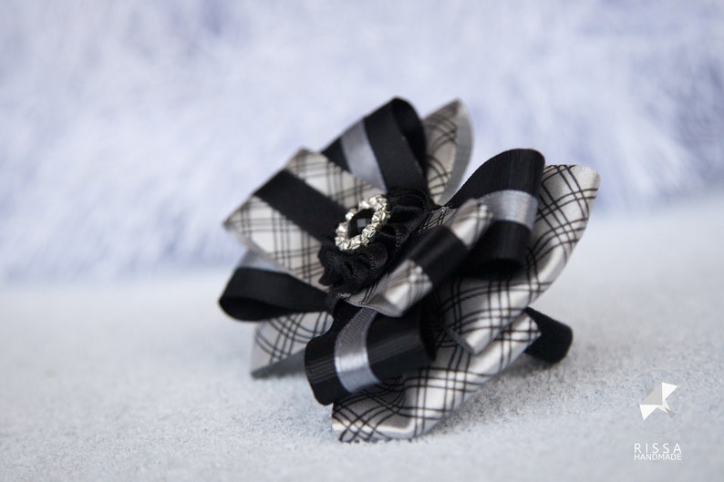 Girl Bow elastic tie Child Atlas bow Kid Hair holder 2 Plaid Checkered black silver bow hair clip Ribbon Bow Female Women/'s Bow decor.