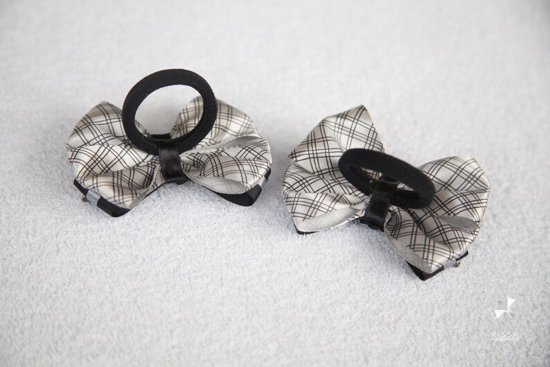 Girl Bow elastic tie Child Atlas bow Kid Hair holder 2 Plaid Checkered black silver bow hair clip Ribbon Bow Female Women/'s Bow decor.