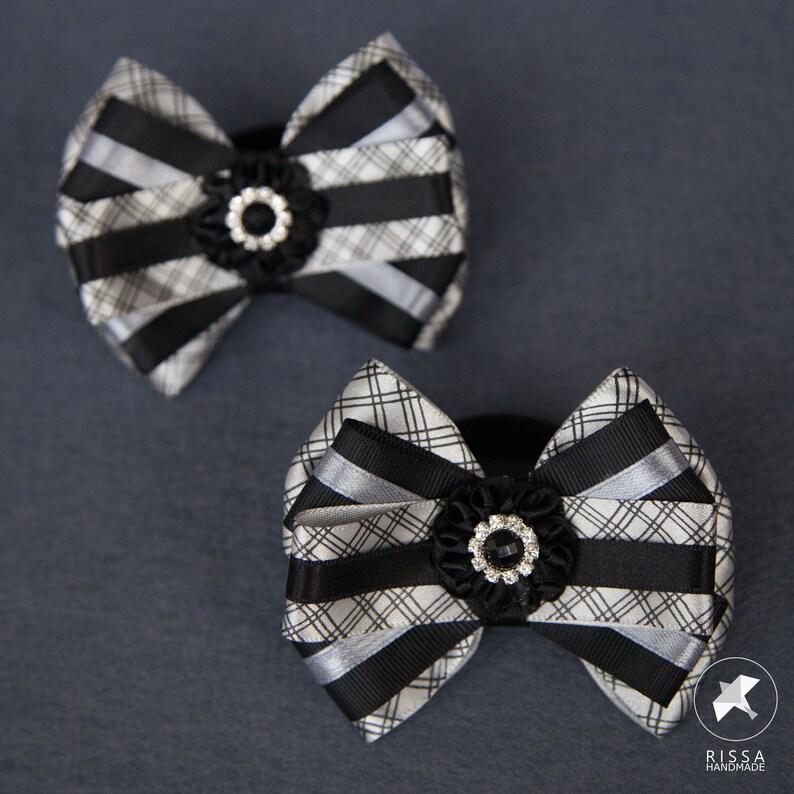 Girl Bow elastic tie Child Atlas bow Kid Hair holder 2 Plaid Checkered black silver bow hair clip Ribbon Bow Female Women/'s Bow decor.