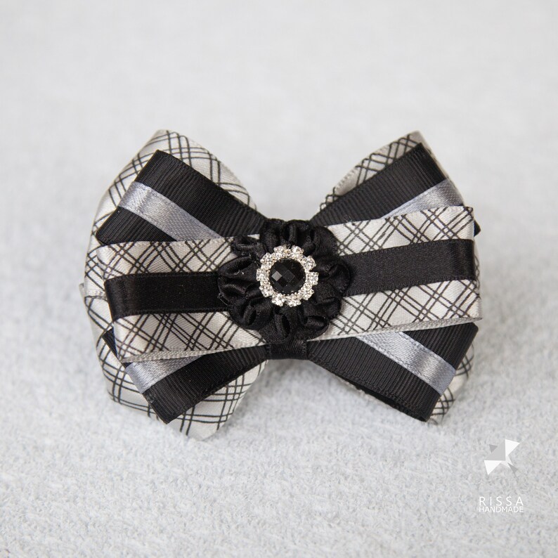 Girl Bow elastic tie Child Atlas bow Kid Hair holder 2 Plaid Checkered black silver bow hair clip Ribbon Bow Female Women/'s Bow decor.