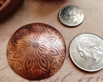 Domed Copper Medallion, 1 1/2”, With Sunburst Mandala for DIY Jewelry, Journaling or Craft Projects, Artisan Jewelry Supplies, Single Piece