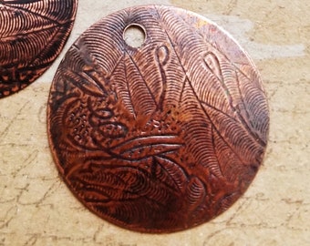 Copper Disc, 1 1/4”, Grape Leaf Texture, Antique Finish, for DIY Jewelry, Journaling or Crafts, Artisan Jewelry Supplies, Priced per Disc