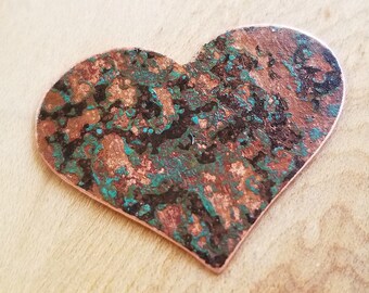 Large Copper Hearts With Rustic Cinnamon Verdigris Patina for DIY Jewelry, Crafts, and Journaling, Choice of Hole Placement, Set of Two