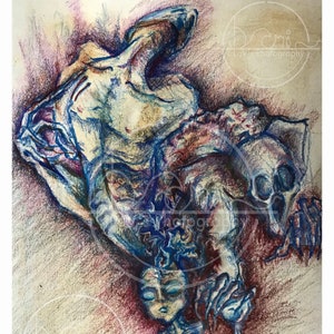 May include: A blue and purple pencil drawing of a figure with a skeletal appearance, with a smaller figure sitting below it. The drawing is on a textured paper background.