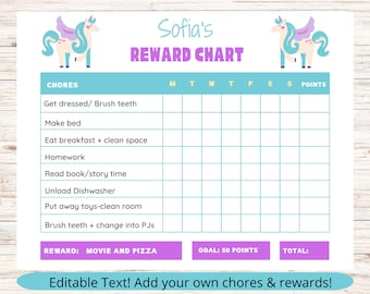 EDITABLE Reward Chart, Unicorn Chore Chart, Behavior Chart Printable, Girls Chore Chart, Daily Chores Printable, Digital Download Template