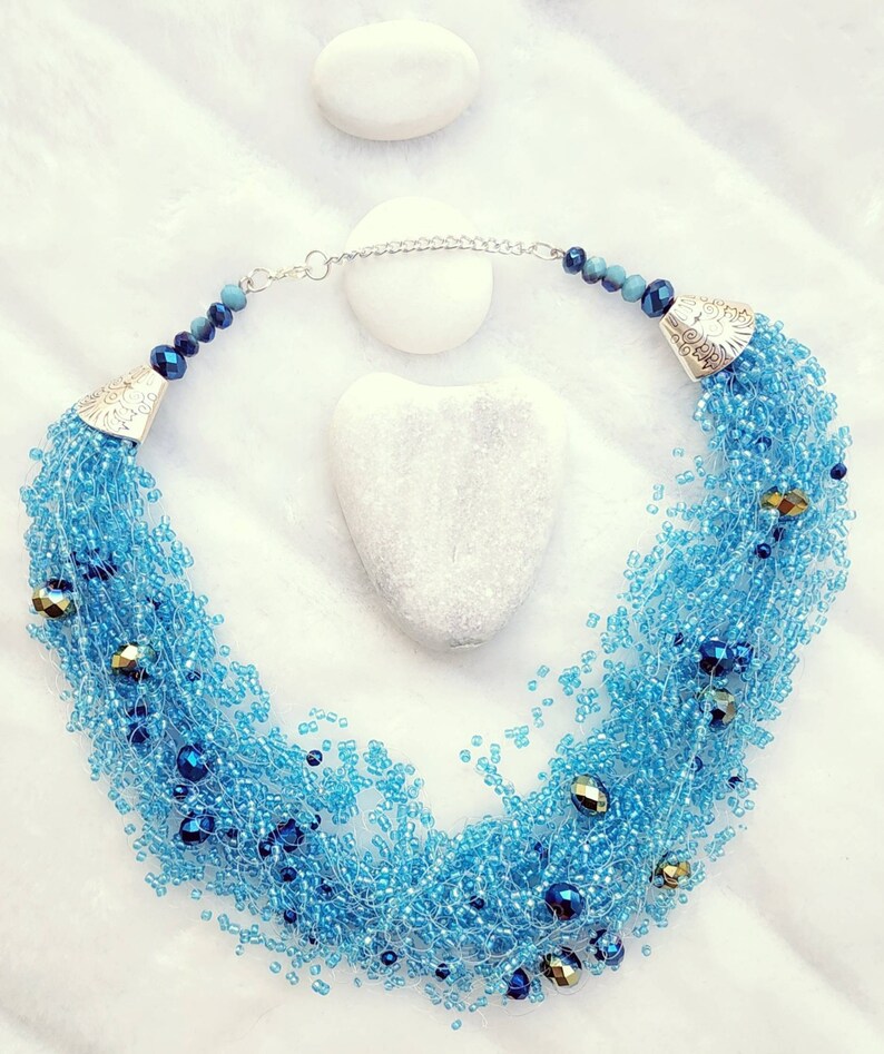 Rain BLUE Light blue Chunky Multistrand Crochet Layered Beaded necklace Shiny Elegant Summer Wedding Bridesmaid Wear