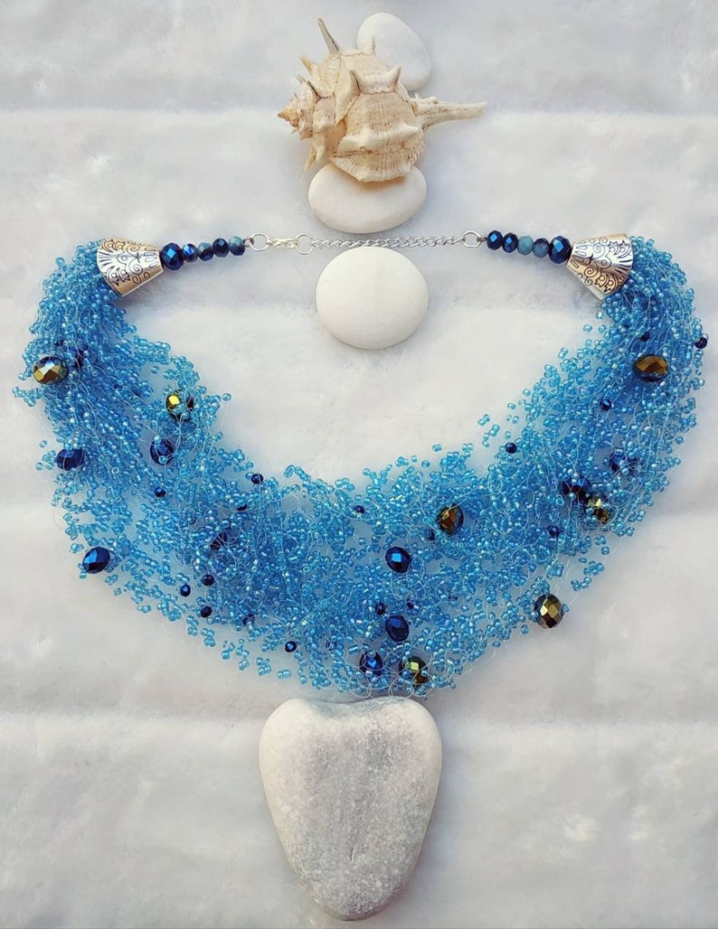 Rain BLUE Light blue Chunky Multistrand Crochet Layered Beaded necklace Shiny Elegant Summer Wedding Bridesmaid Wear