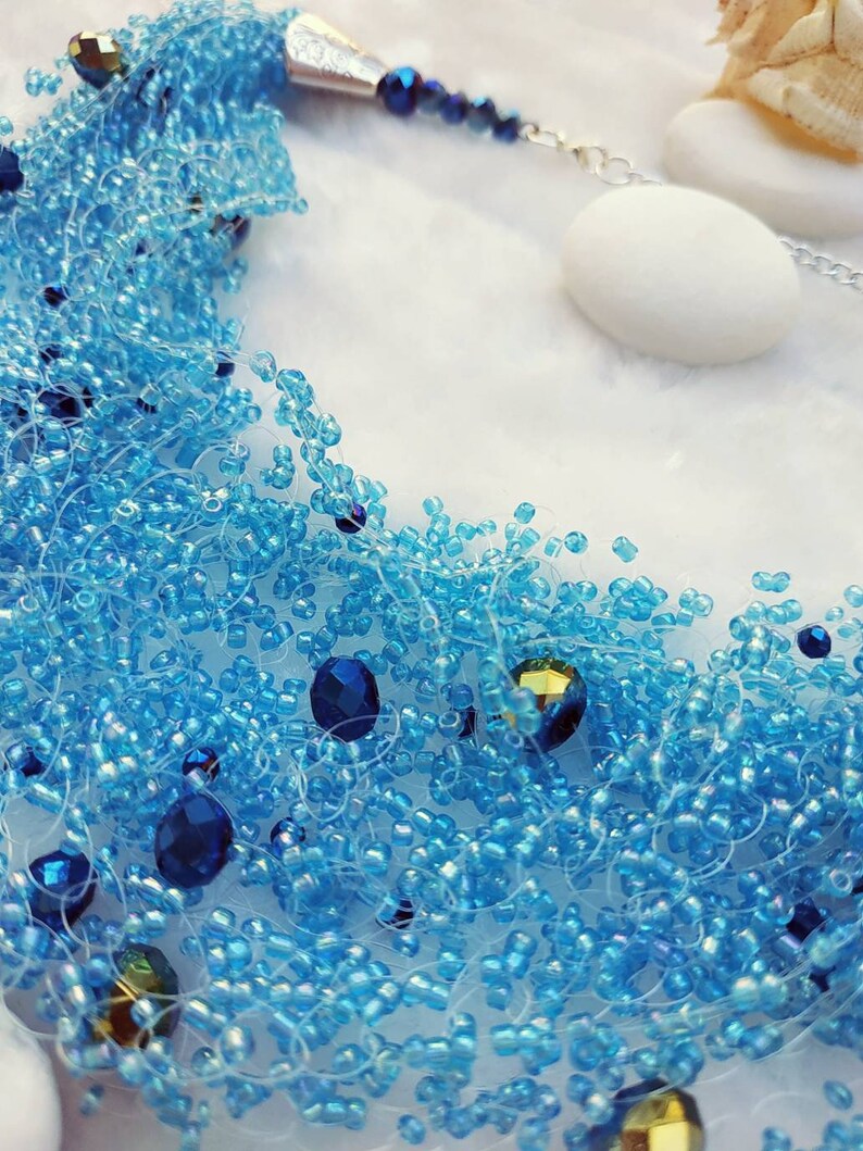 Rain BLUE Light blue Chunky Multistrand Crochet Layered Beaded necklace Shiny Elegant Summer Wedding Bridesmaid Wear