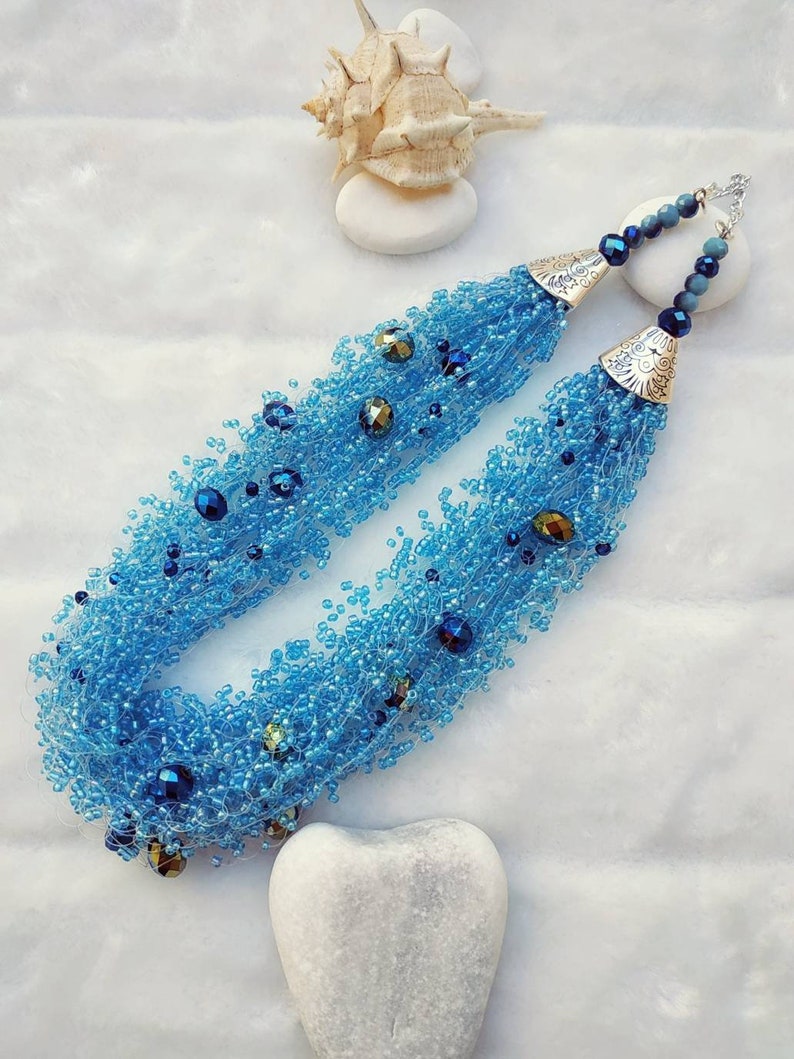 Rain BLUE Light blue Chunky Multistrand Crochet Layered Beaded necklace Shiny Elegant Summer Wedding Bridesmaid Wear