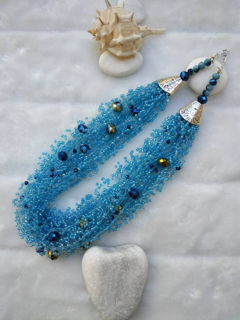 Rain BLUE Light blue Chunky Multistrand Crochet Layered Beaded necklace Shiny Elegant Summer Wedding Bridesmaid Wear