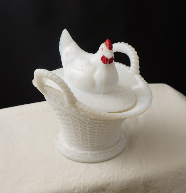 Vintage Westmoreland White Milk Glass Hen on Basket Covered Etsy