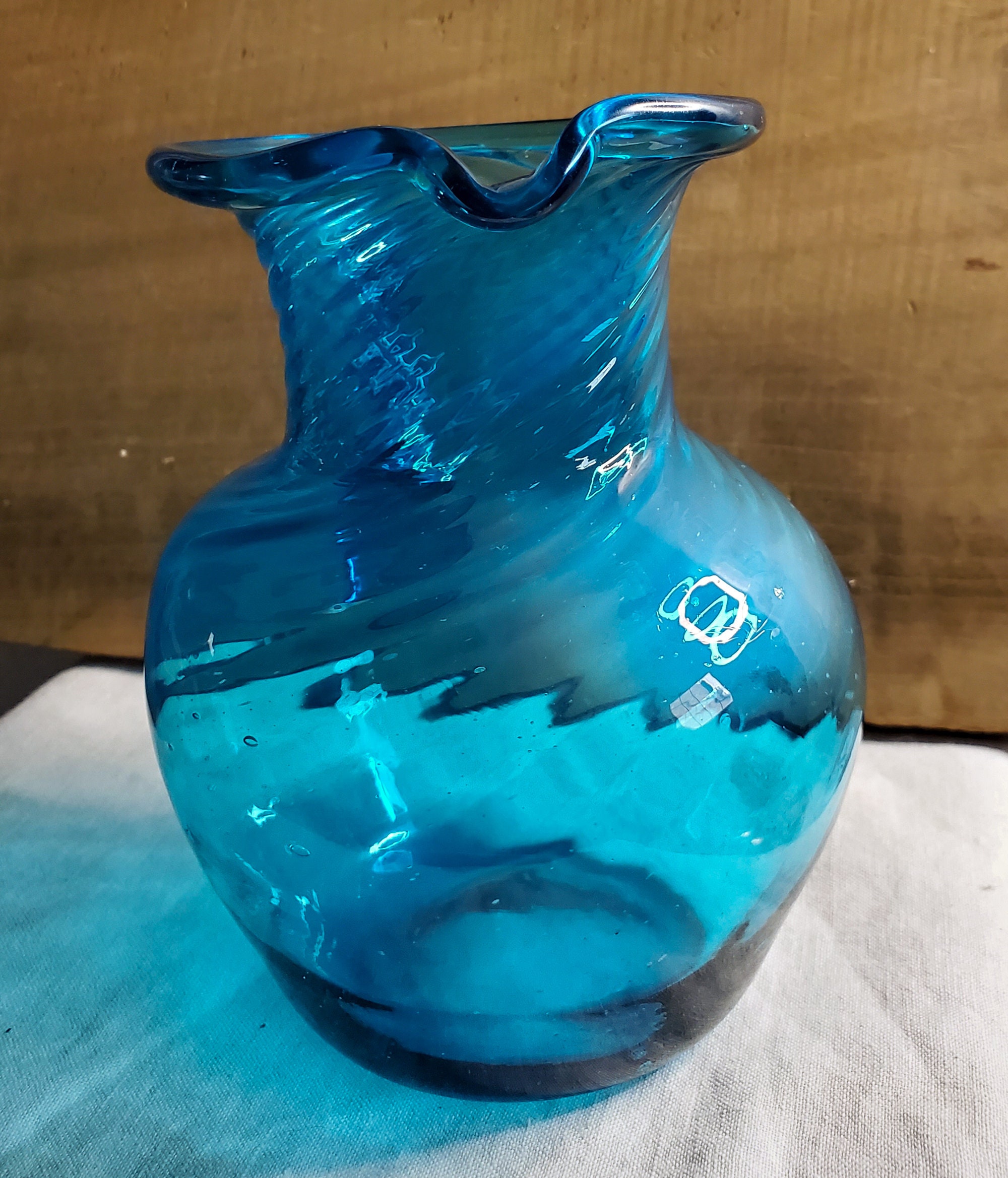 Blue Vintage Art Glass Hand Blown Pitcher Jug Vase Etsy UK
