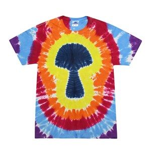 May include: A tie-dye t-shirt with a rainbow swirl pattern and a dark blue mushroom silhouette in the center.