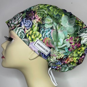 Succulents women scrub hat, surgical cap, bouffant inspired, cotton.