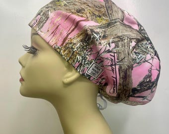 PINK CAMO surgical scrub hat, bouffant inspired, cotton