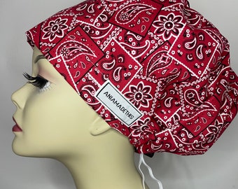 Surgical Chemo Banded Bouffant Scrub Cap Red Blazing Bandana with Black Band 
