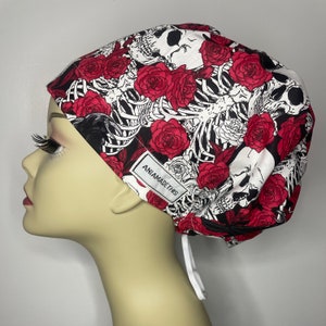 BONES and RED ROSES women scrub hat, surgical cap, bouffant inspired, cotton