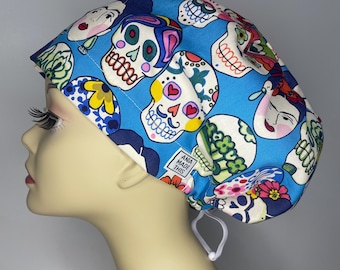 SUGAR SKULLS women scrub hat, surgical cap, bouffant inspired, cotton