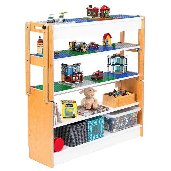 TRANSFORMO Kids! toy shelf, convertible to a play table for brick builds, with storage, compatible with 25cm/10" building plates