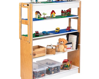 TRANSFORMO Teens! toy display shelf, convertible to a play table for brick builds, with storage, compatible with 25cm/10" building plates