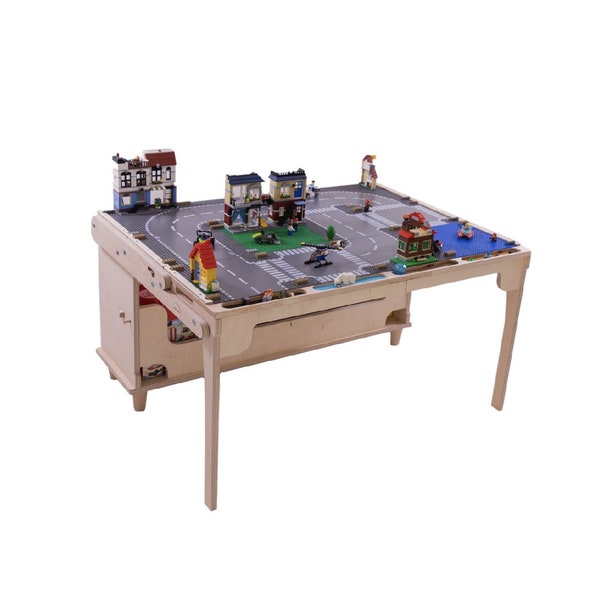 TRANSFORMO play table for brick builds, convertible to a toy shelf with storage, compatible with 25x25cm building plates, hand crafted