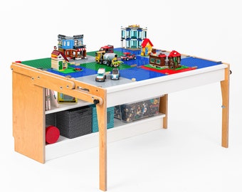 TRANSFORMO Kinder! Spieltisch zum Bauen mit Steinen, mit Stauraum, umwandelbar in ein Spielzeugregal, kompatibel mit 25 cm/10 Zoll großen Bauplatten