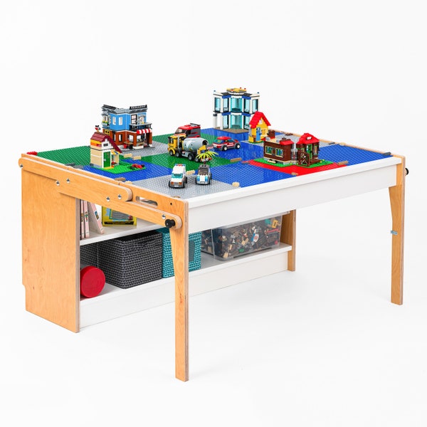 TRANSFORMO Kids! play table for brick builds, with storage, convertible to a toy shelf, compatible with 25cm/10" building plates