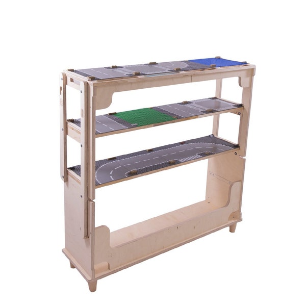 TRANSFORMO toy shelf with storage, convertible to a play table for brick builds, compatible with 25x25cm building plates, hand crafted