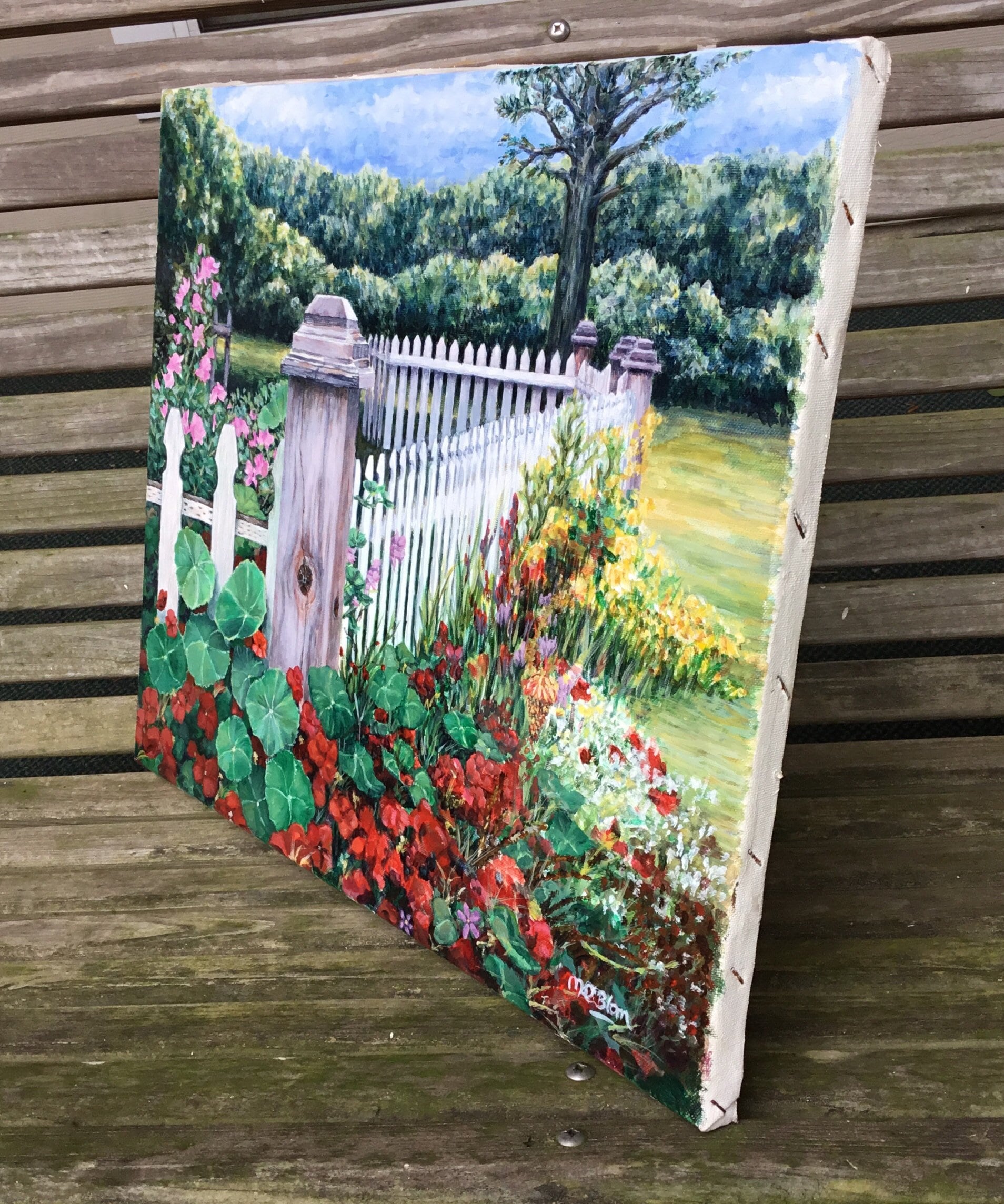Flowers and Fences Original Acrylic Landscape Painting, Flower Garden