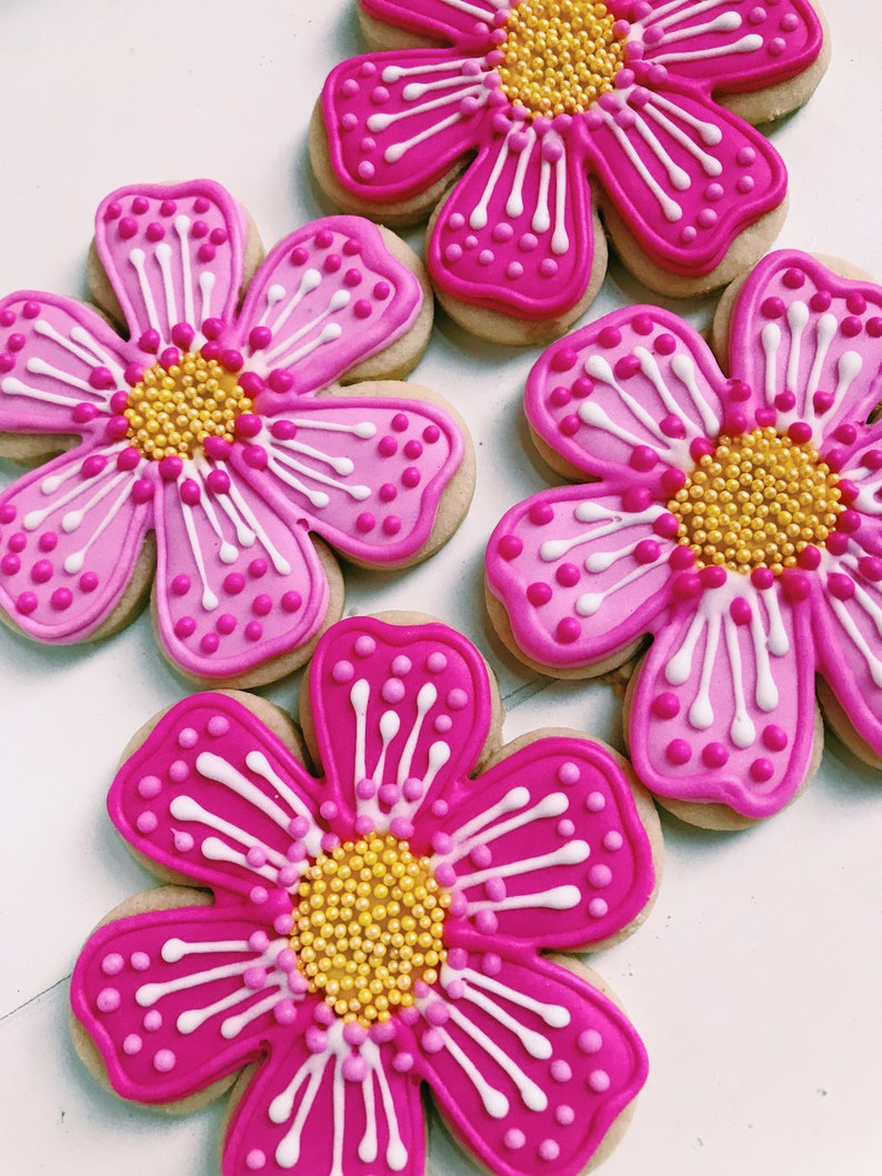 Pink Flower Cookies Royal Icing Cookies Etsy