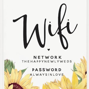 Op de afbeelding: Wit ingelijste print met het woord "Wifi" in zwart script. Hieronder staat "Network: thehappylyweds, Password: alwaysinlove." De onderkant heeft aquarel zonnebloemen. De print is van Blue Feather Prints.