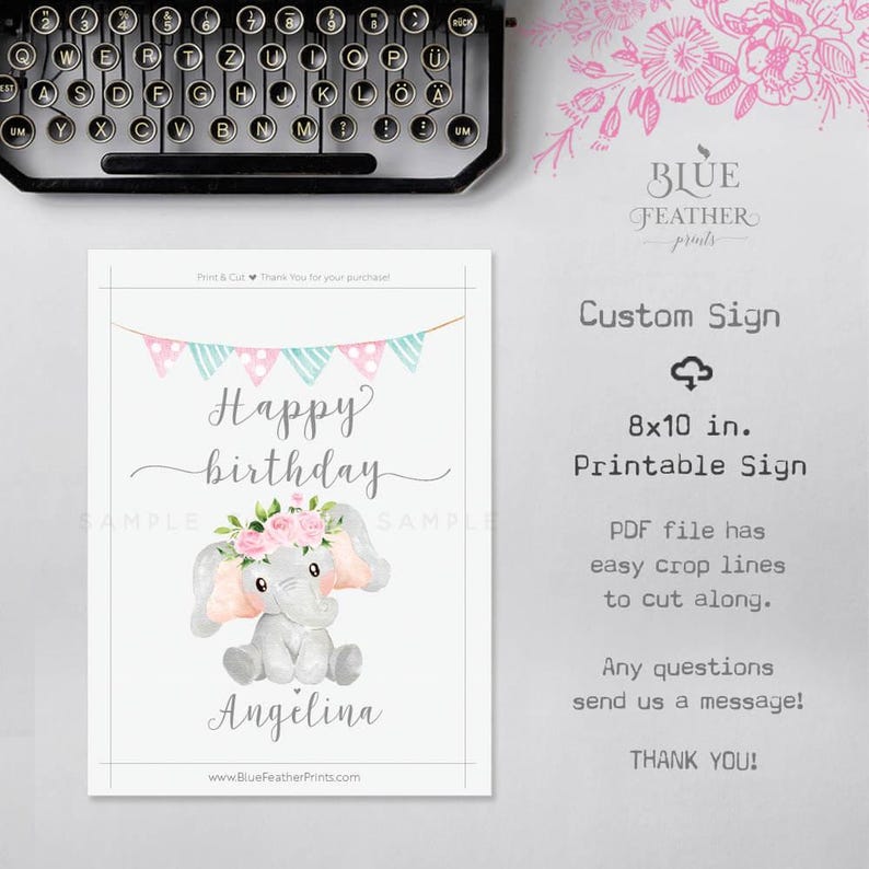 Custom Happy Birthday Sign, Pink Elephant, Personalized, Pink and Gray