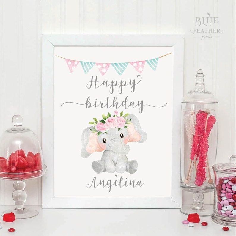 Custom Happy Birthday Sign, Pink Elephant, Personalized, Pink and Gray